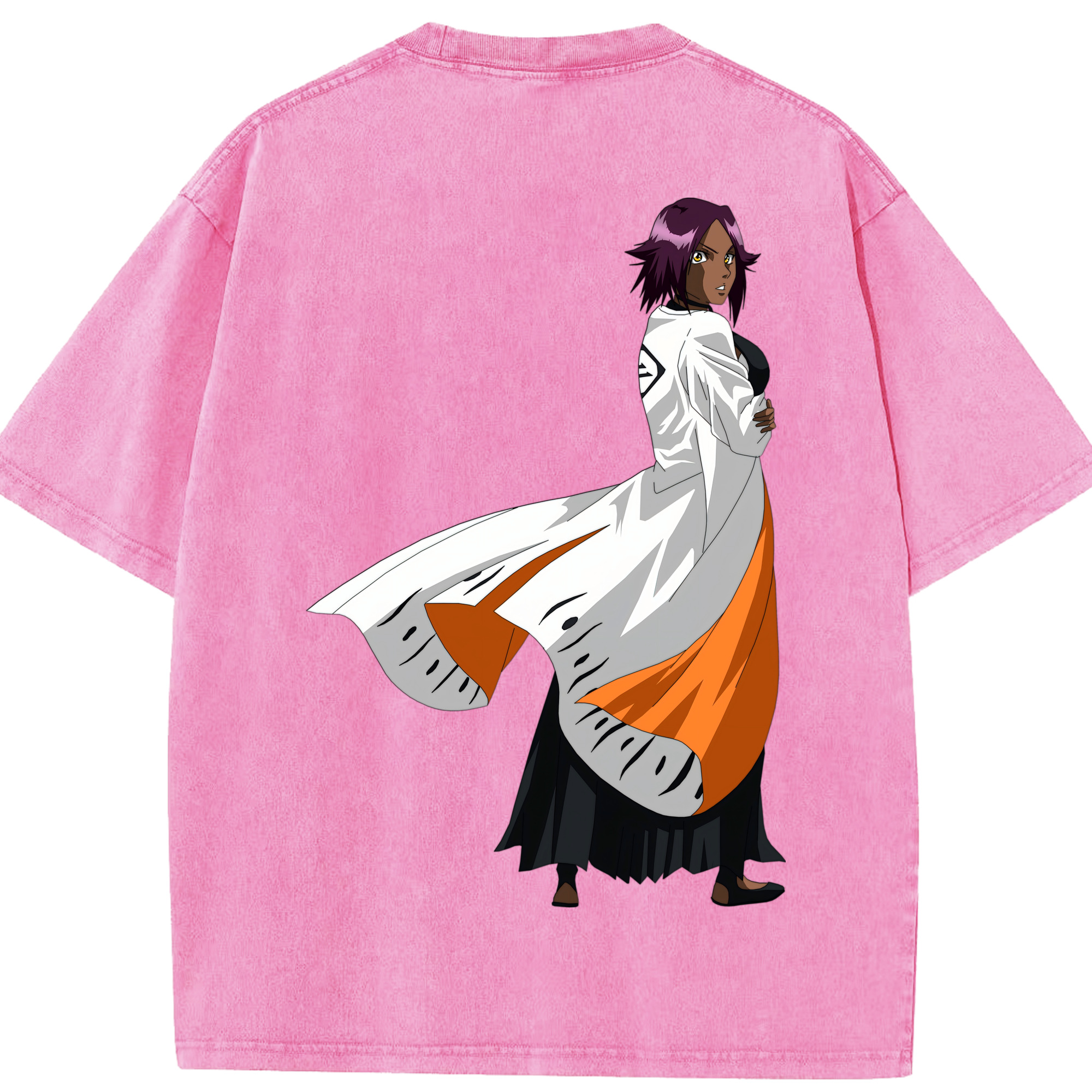（画像用） ブリーチ 四楓院 夜一（しほういん よるいち） BLEACH Shihouin Yoruichi 綿100% ヴィンテージ風 半袖Tシャツ（背面プリント）